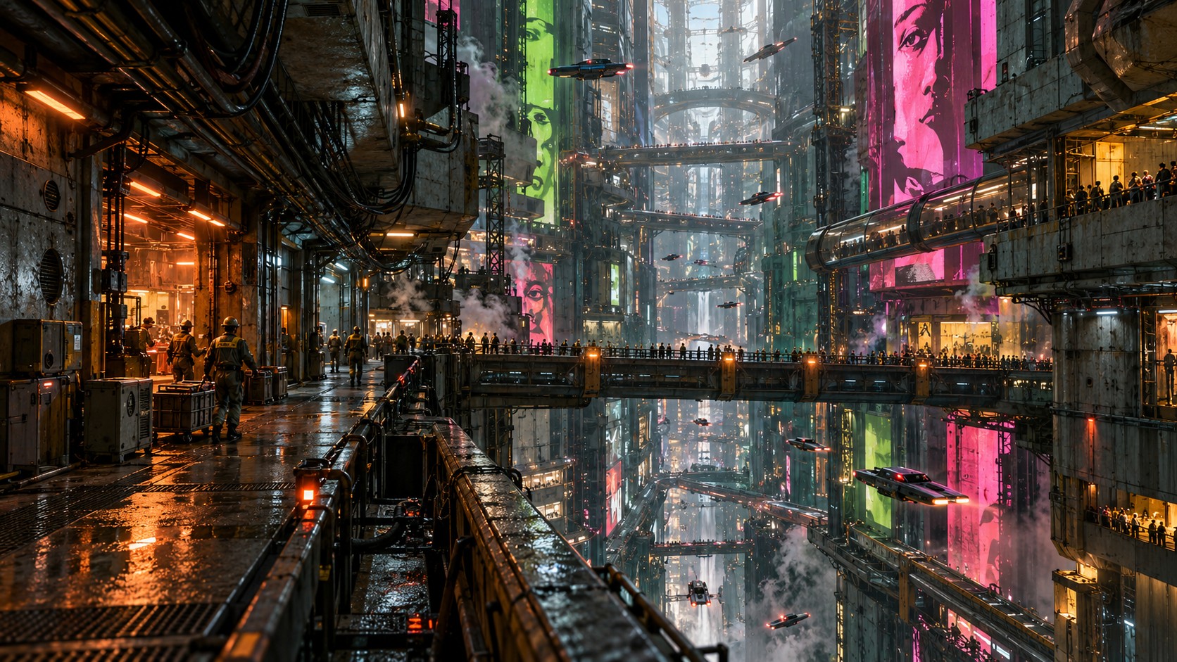 Futuristische Megastadt der Ebene 143 mit Brücken, Werkstätten und Neonlicht