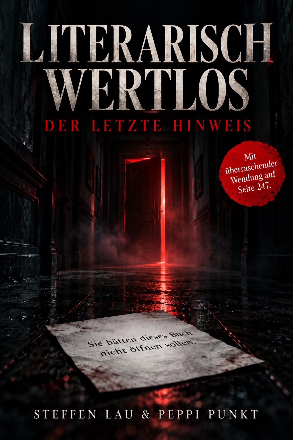 Coverentwurf: Literarisch wertlos – Der letzte Hinweis, von Steffen Lau & Peppi Punkt. Eine rote Tür am Ende eines dunklen Flurs.
